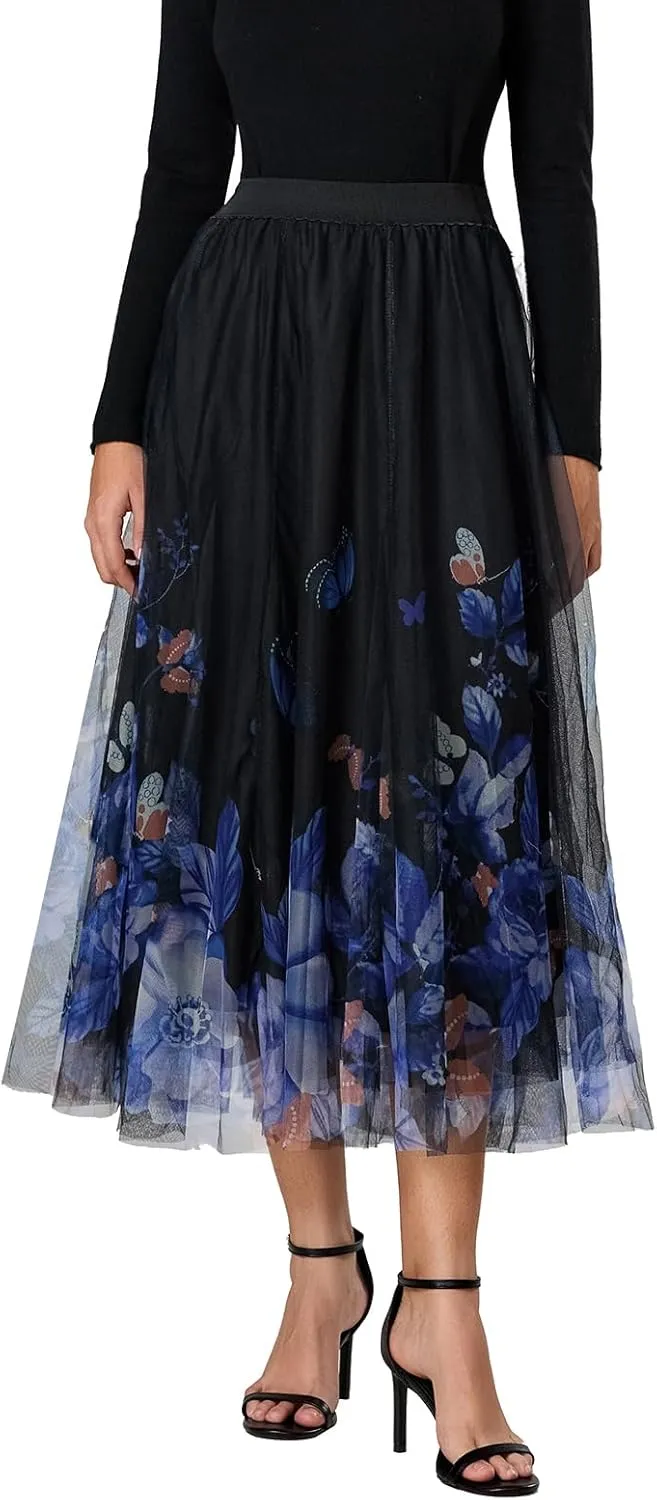 Women's Tulle Midi Skirt Elastic High Waist Layered Pleated Mesh Flowy A-Line Prom Party Long Tutu Skirts