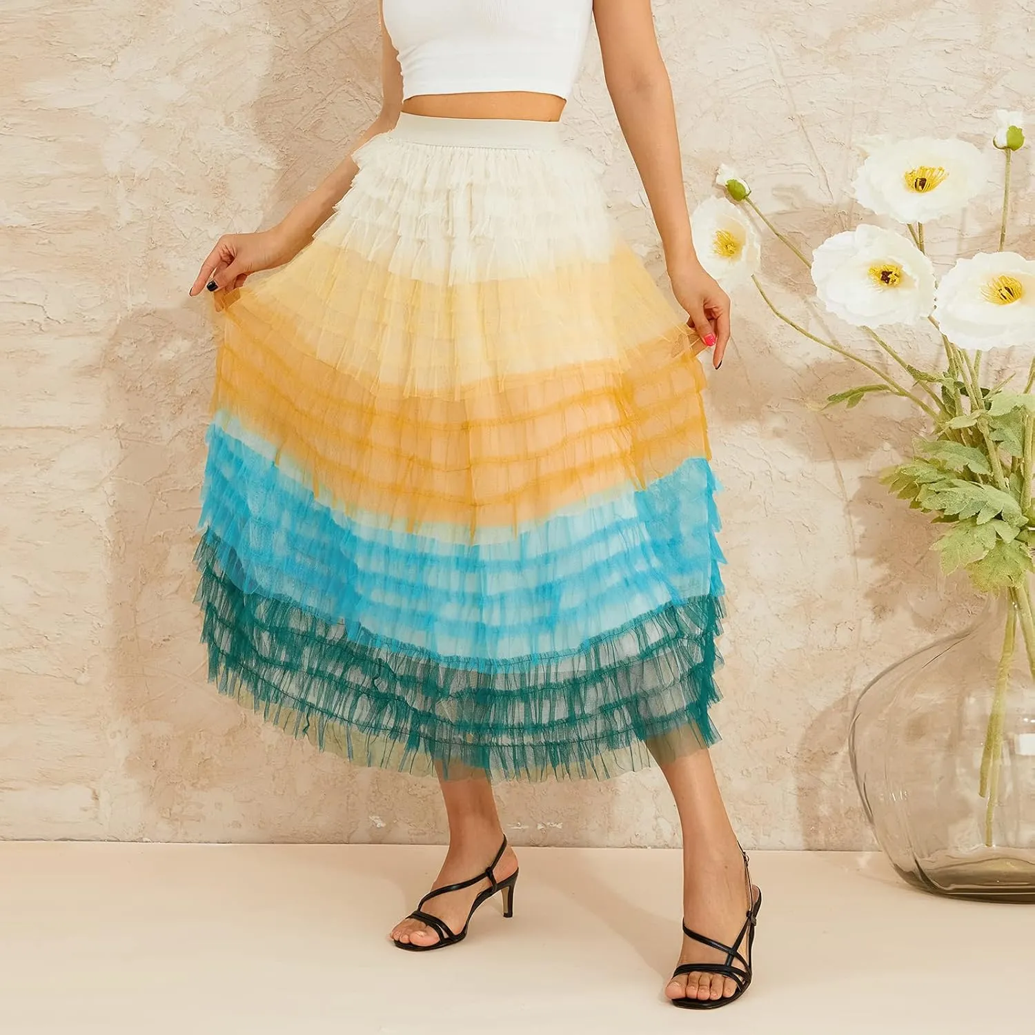 Women's Tulle Midi Skirt Elastic High Waist Layered Pleated Mesh Flowy A-Line Prom Party Long Tutu Skirts