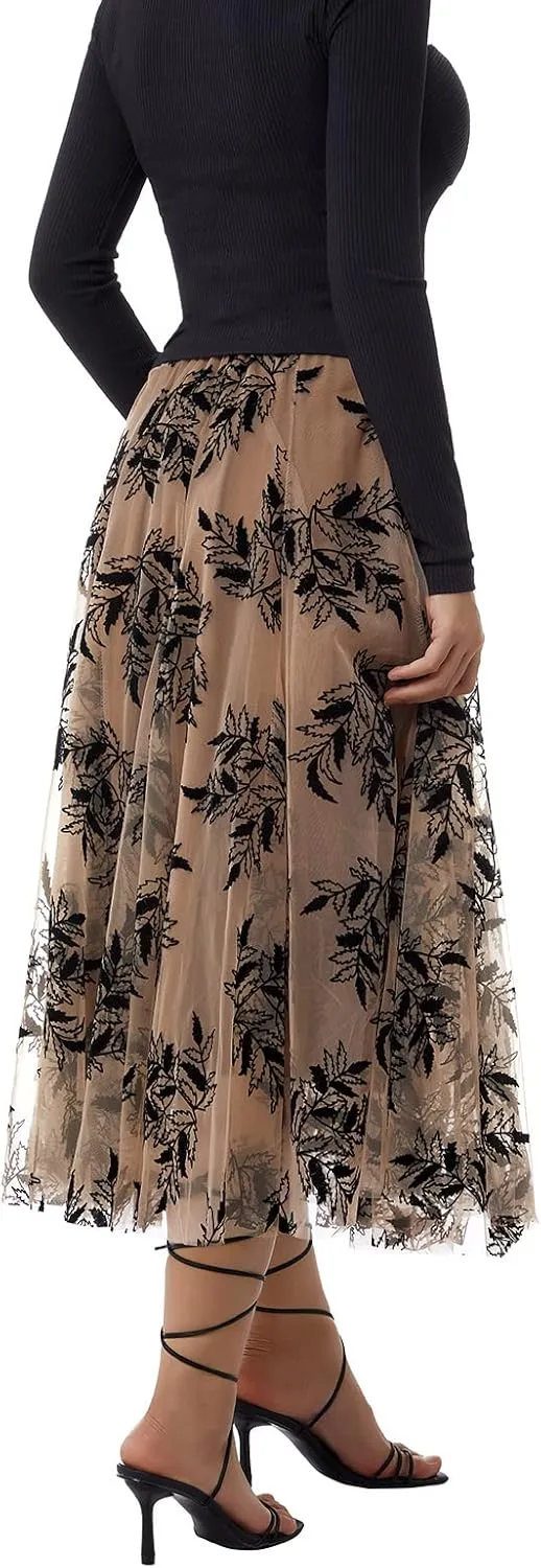 Women's Tulle Midi Skirt Elastic High Waist Layered Pleated Mesh Flowy A-Line Prom Party Long Tutu Skirts