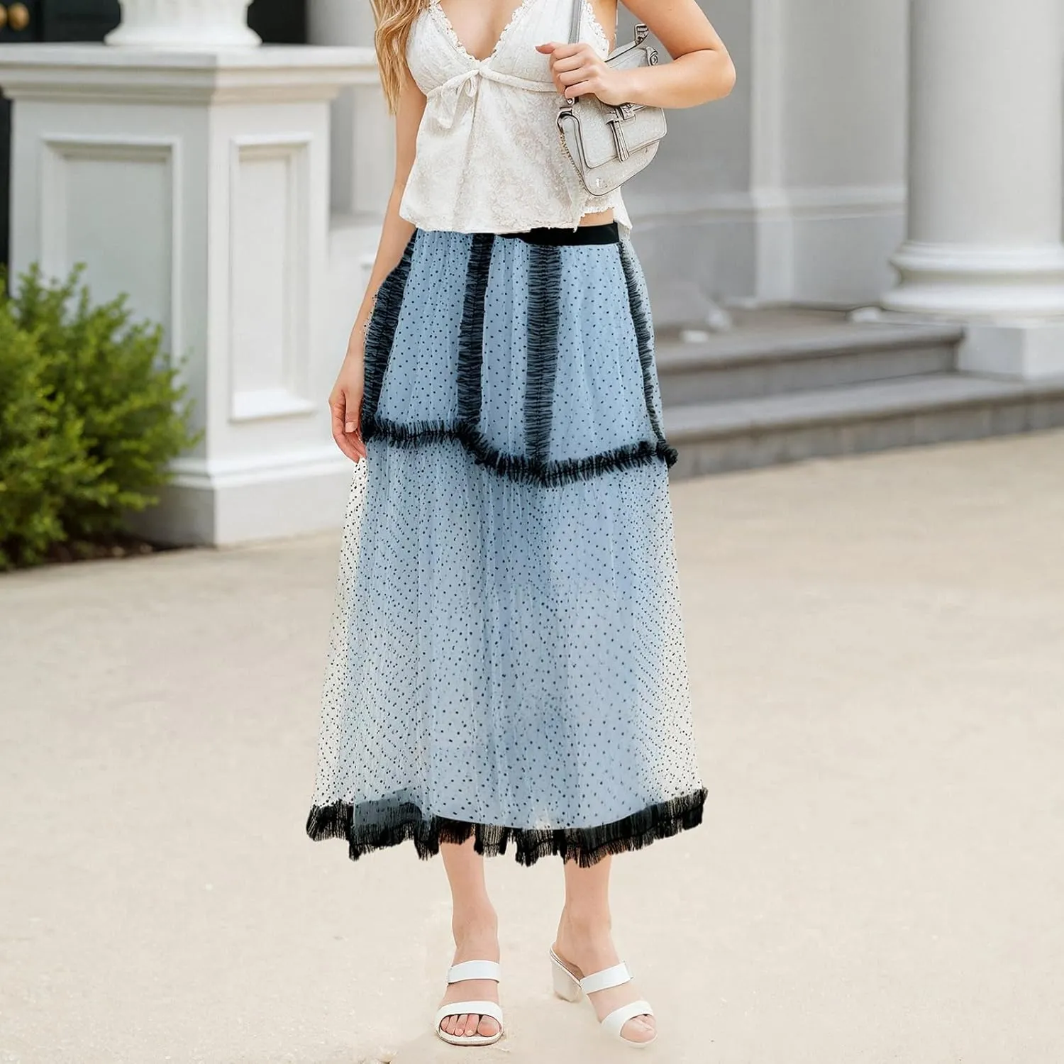 Women's Tulle Midi Skirt Elastic High Waist Layered Pleated Mesh Flowy A-Line Prom Party Long Tutu Skirts