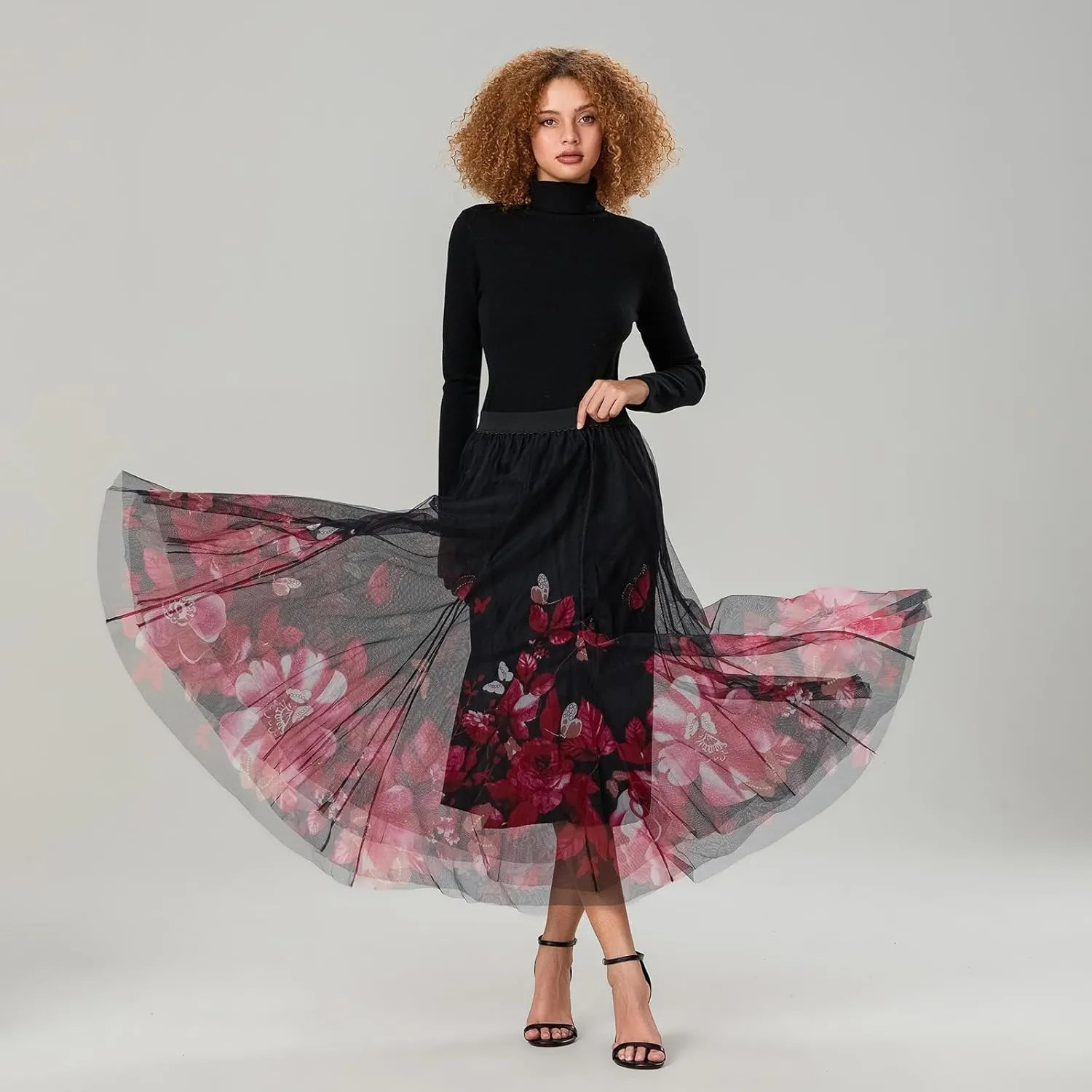 Women's Tulle Midi Skirt Elastic High Waist Layered Pleated Mesh Flowy A-Line Prom Party Long Tutu Skirts