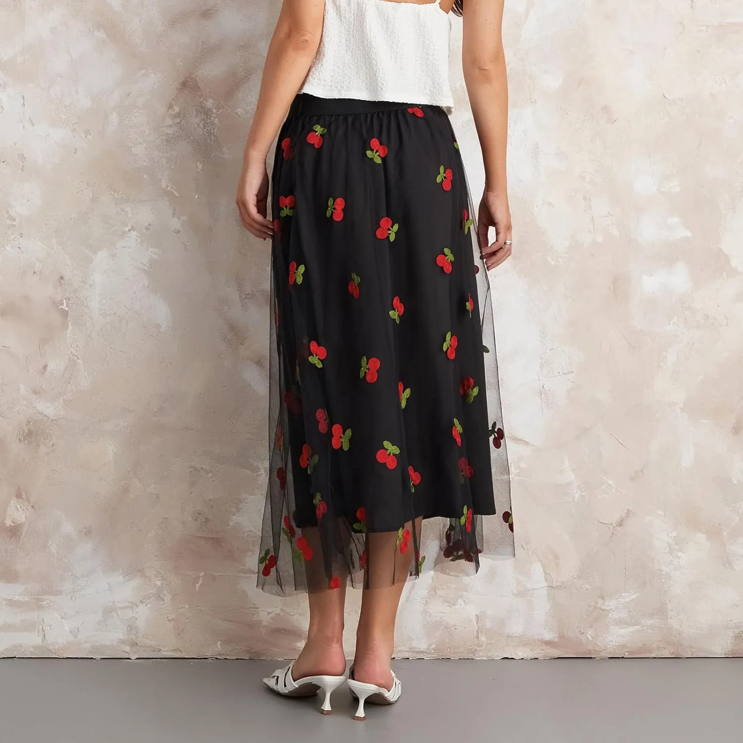 Women's Tulle Midi Skirt Elastic High Waist Layered Pleated Mesh Flowy A-Line Prom Party Long Tutu Skirts