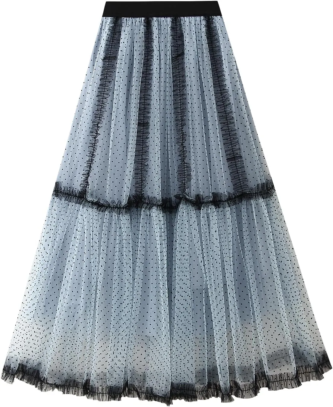 Women's Tulle Midi Skirt Elastic High Waist Layered Pleated Mesh Flowy A-Line Prom Party Long Tutu Skirts