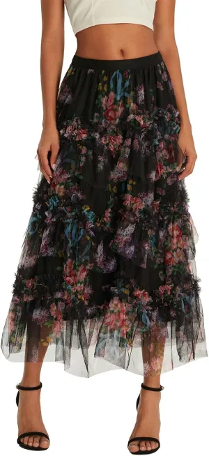 Women's Tulle Midi Skirt Elastic High Waist Layered Pleated Mesh Flowy A-Line Prom Party Long Tutu Skirts