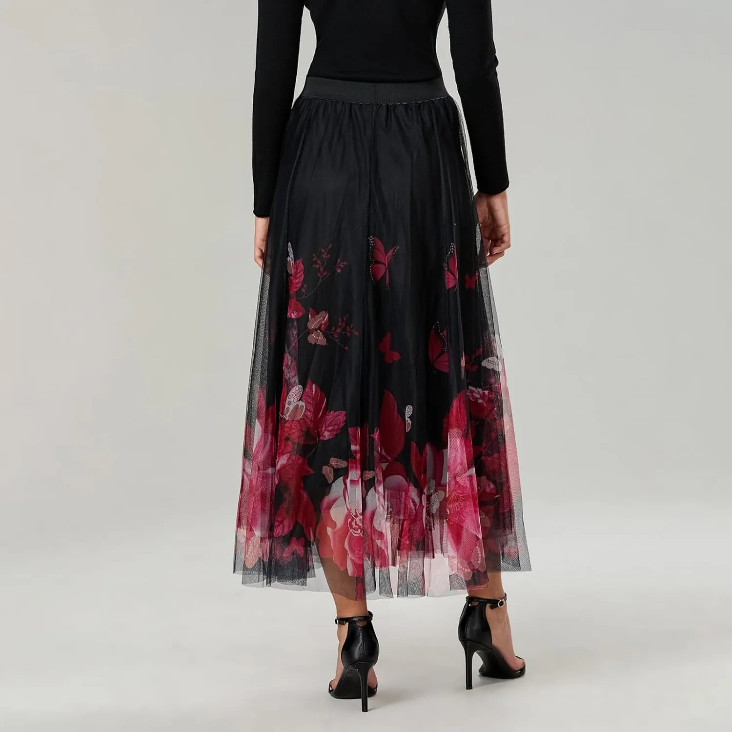 Women's Tulle Midi Skirt Elastic High Waist Layered Pleated Mesh Flowy A-Line Prom Party Long Tutu Skirts