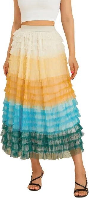 Women's Tulle Midi Skirt Elastic High Waist Layered Pleated Mesh Flowy A-Line Prom Party Long Tutu Skirts