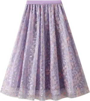 Women's Tulle Midi Skirt Elastic High Waist Layered Pleated Mesh Flowy A-Line Prom Party Long Tutu Skirts