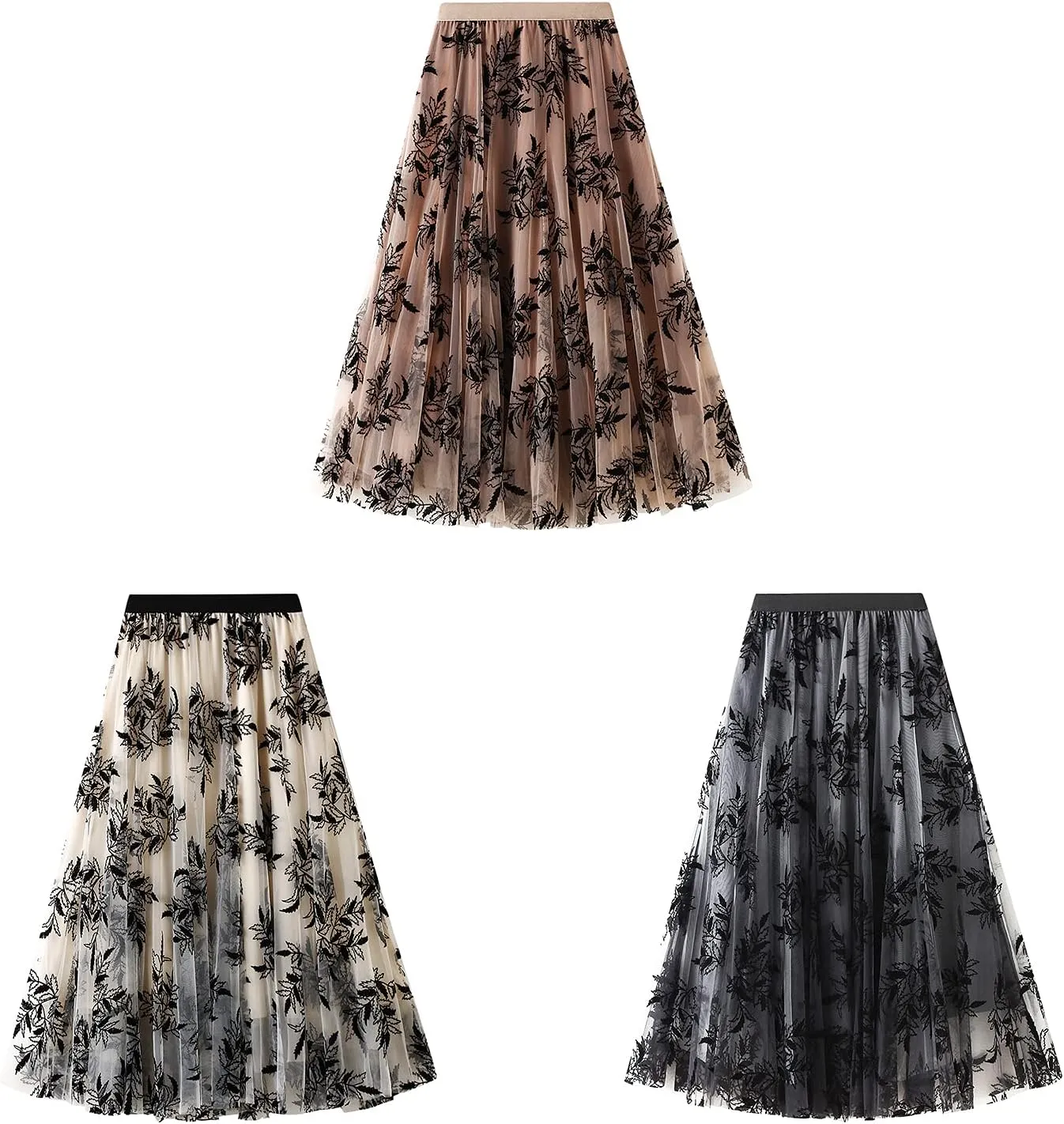Women's Tulle Midi Skirt Elastic High Waist Layered Pleated Mesh Flowy A-Line Prom Party Long Tutu Skirts