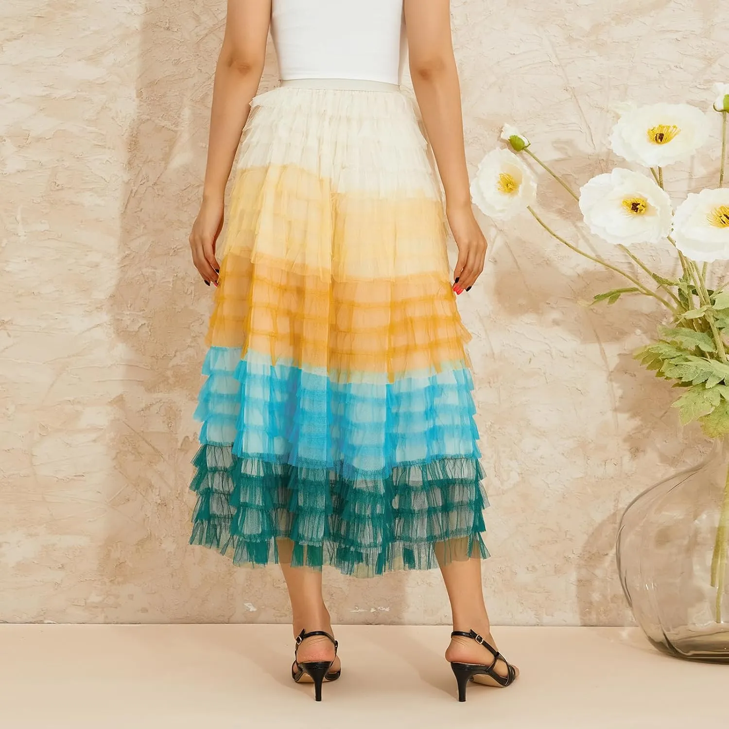 Women's Tulle Midi Skirt Elastic High Waist Layered Pleated Mesh Flowy A-Line Prom Party Long Tutu Skirts