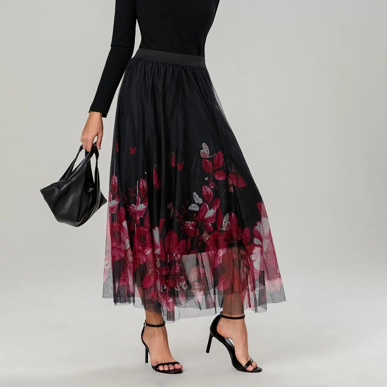 Women's Tulle Midi Skirt Elastic High Waist Layered Pleated Mesh Flowy A-Line Prom Party Long Tutu Skirts