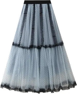 Women's Tulle Midi Skirt Elastic High Waist Layered Pleated Mesh Flowy A-Line Prom Party Long Tutu Skirts