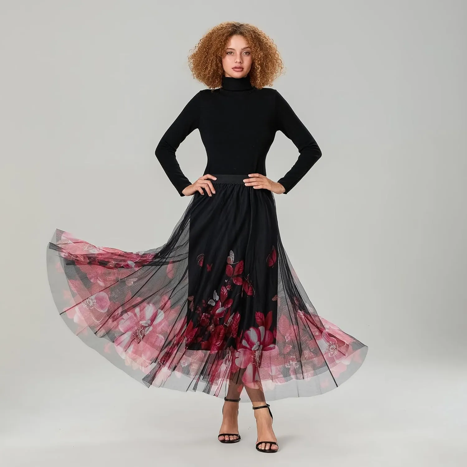 Women's Tulle Midi Skirt Elastic High Waist Layered Pleated Mesh Flowy A-Line Prom Party Long Tutu Skirts