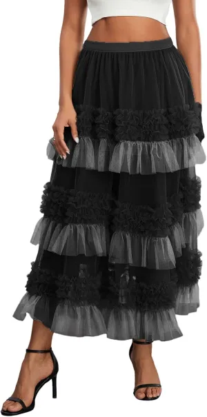 Women's Tulle Midi Skirt Elastic High Waist Layered Pleated Mesh Flowy A-Line Prom Party Long Tutu Skirts