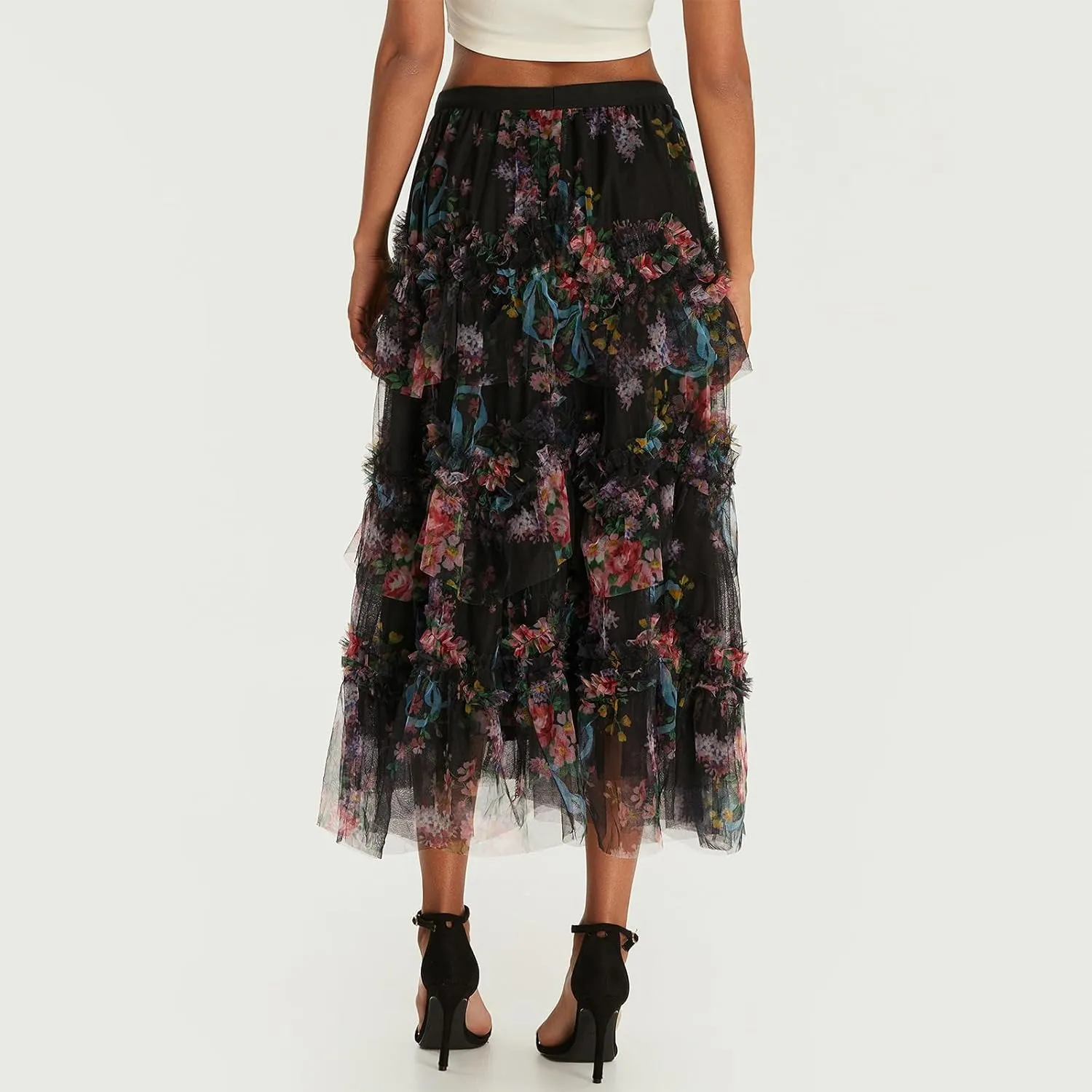 Women's Tulle Midi Skirt Elastic High Waist Layered Pleated Mesh Flowy A-Line Prom Party Long Tutu Skirts