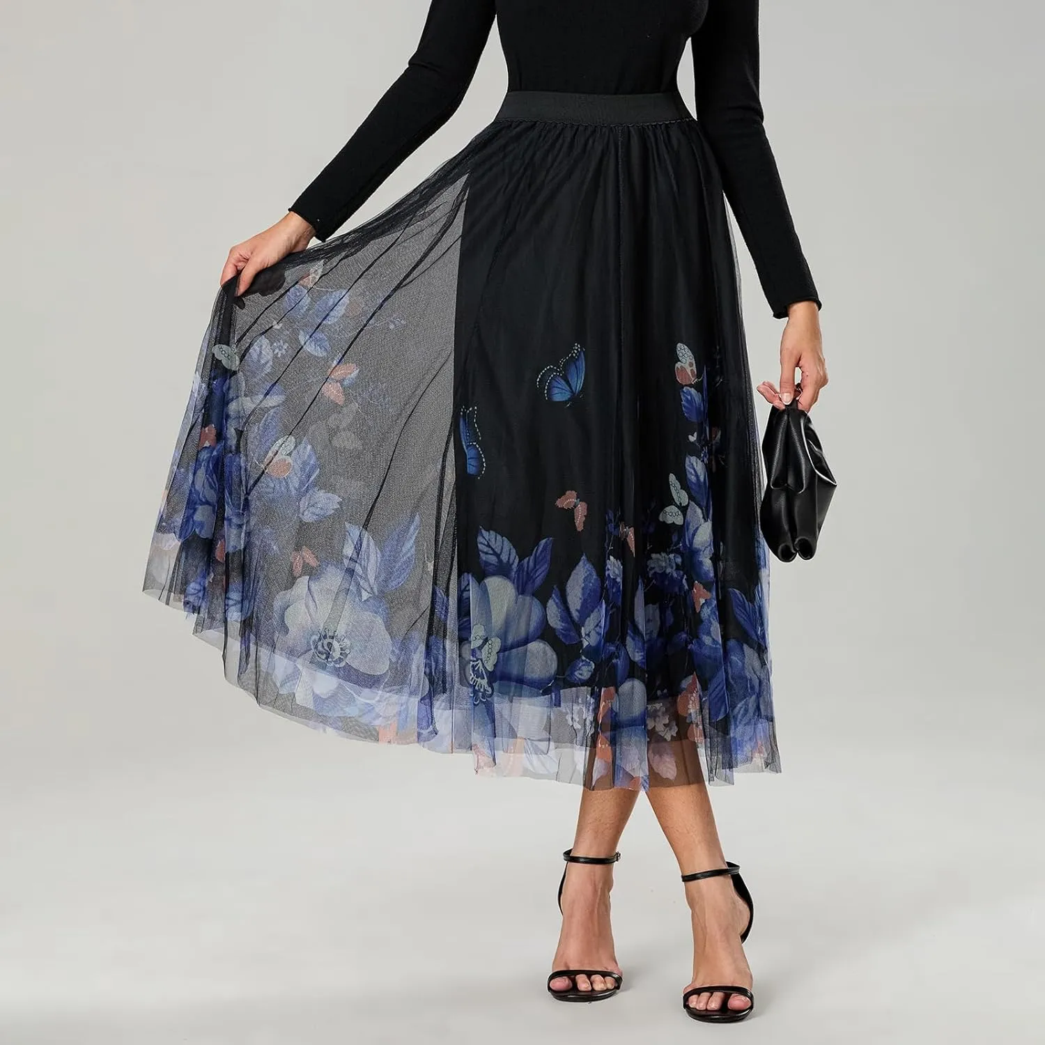 Women's Tulle Midi Skirt Elastic High Waist Layered Pleated Mesh Flowy A-Line Prom Party Long Tutu Skirts