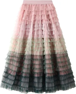 Women's Tulle Midi Skirt Elastic High Waist Layered Pleated Mesh Flowy A-Line Prom Party Long Tutu Skirts