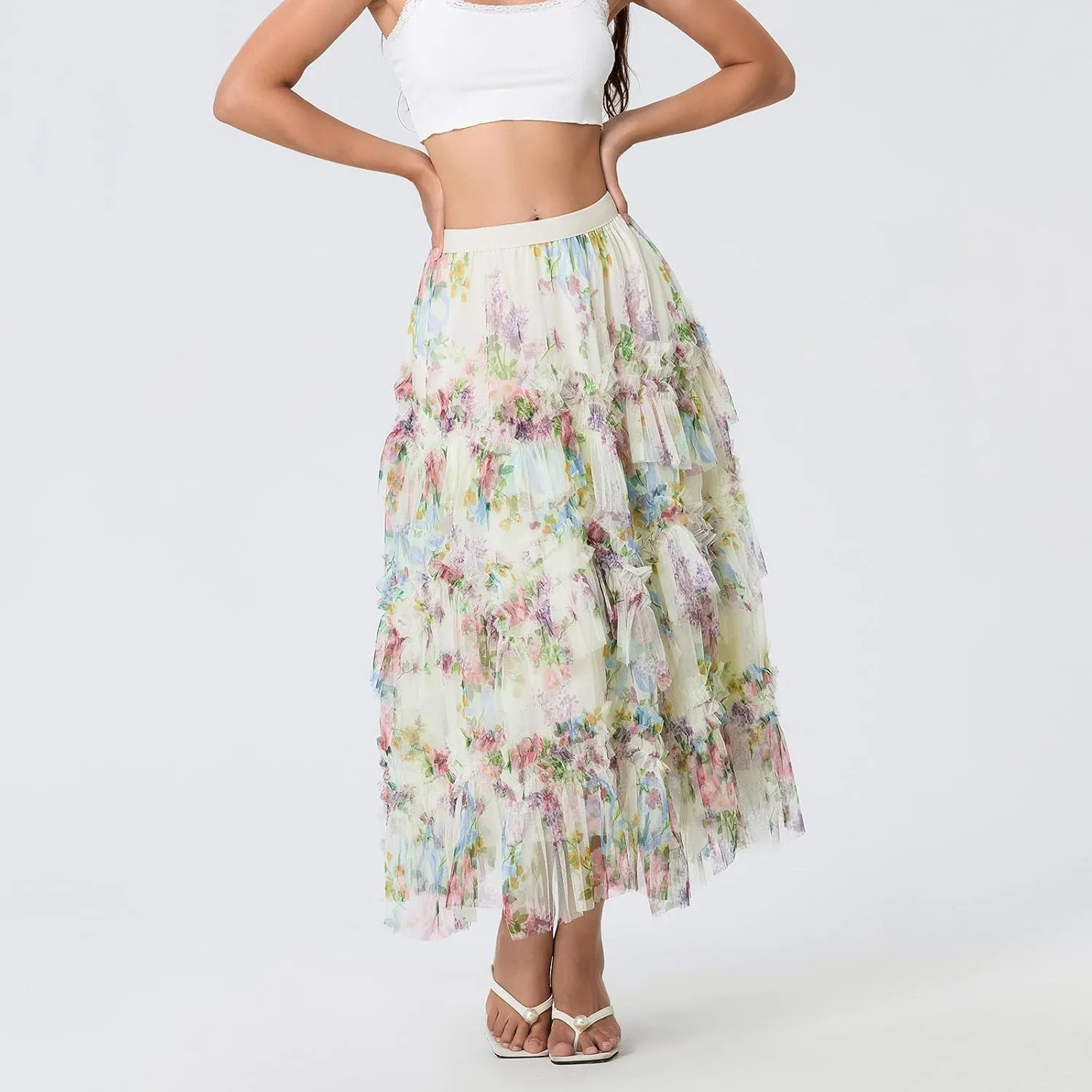 Women's Tulle Midi Skirt Elastic High Waist Layered Pleated Mesh Flowy A-Line Prom Party Long Tutu Skirts