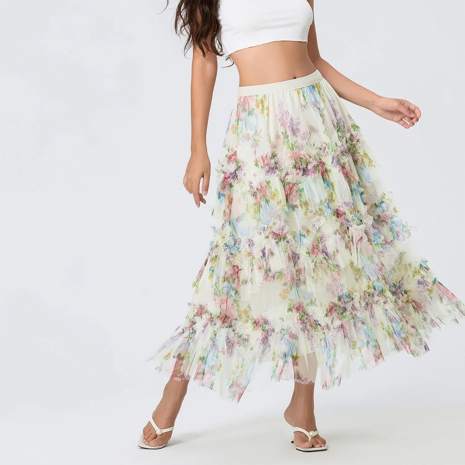 Women's Tulle Midi Skirt Elastic High Waist Layered Pleated Mesh Flowy A-Line Prom Party Long Tutu Skirts