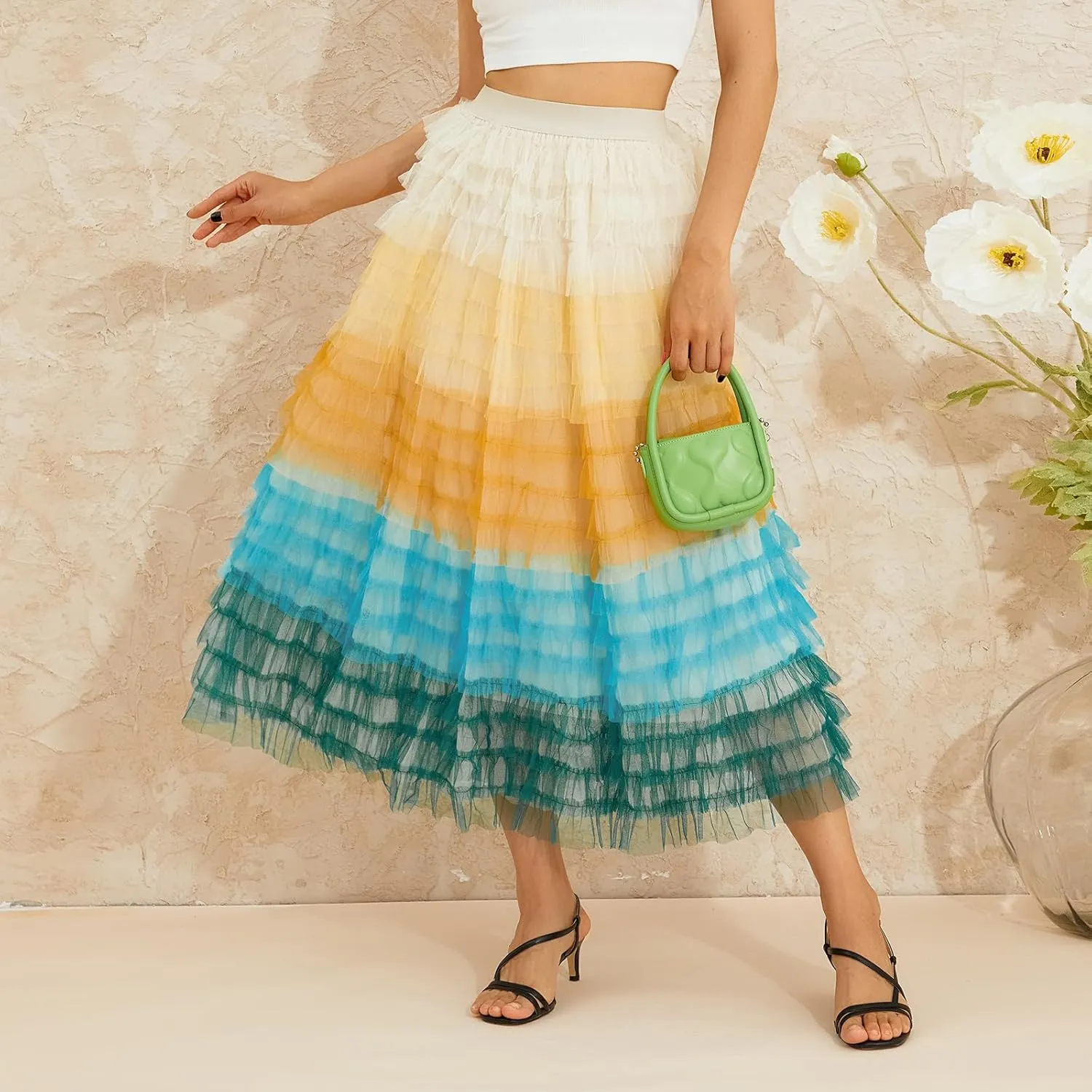 Women's Tulle Midi Skirt Elastic High Waist Layered Pleated Mesh Flowy A-Line Prom Party Long Tutu Skirts