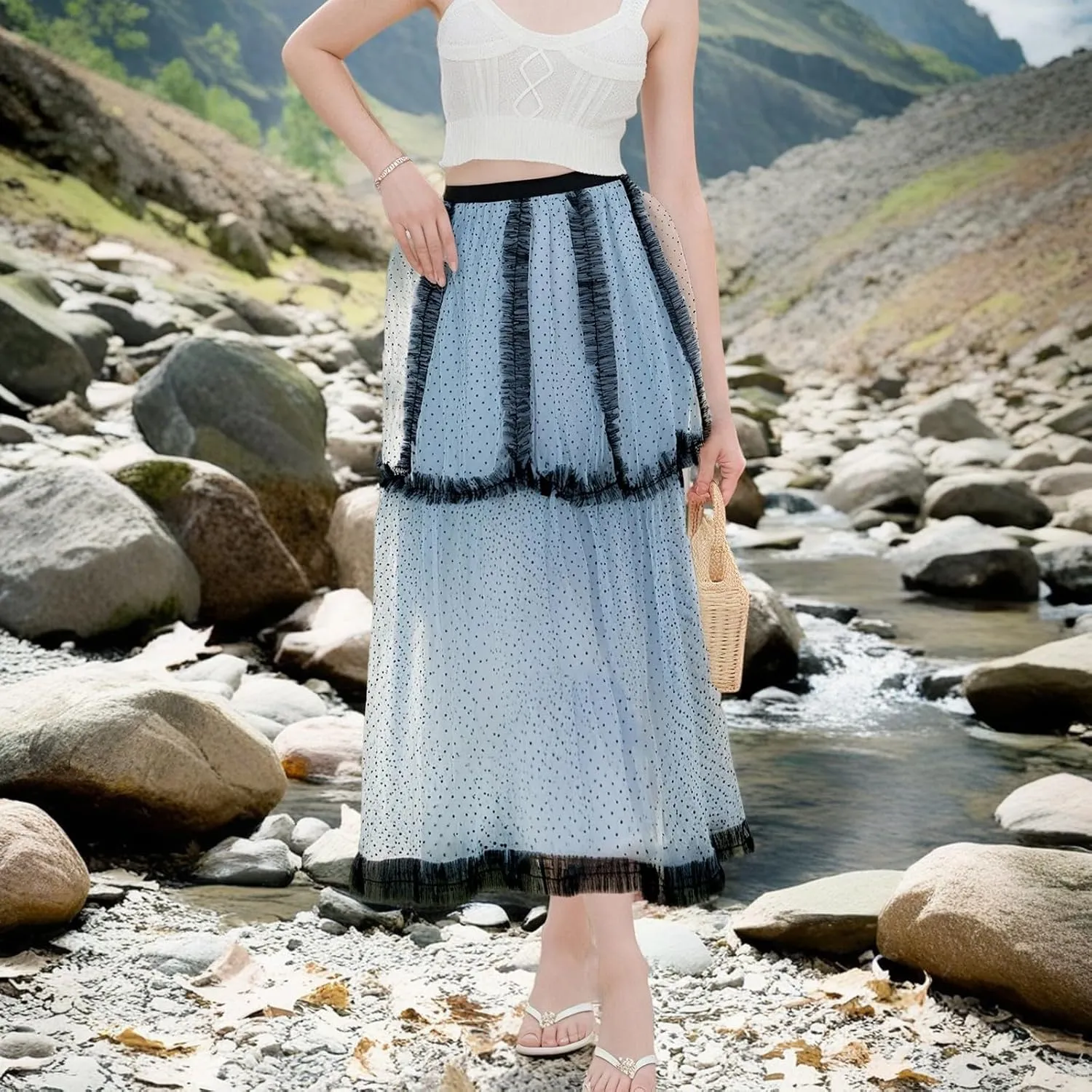 Women's Tulle Midi Skirt Elastic High Waist Layered Pleated Mesh Flowy A-Line Prom Party Long Tutu Skirts