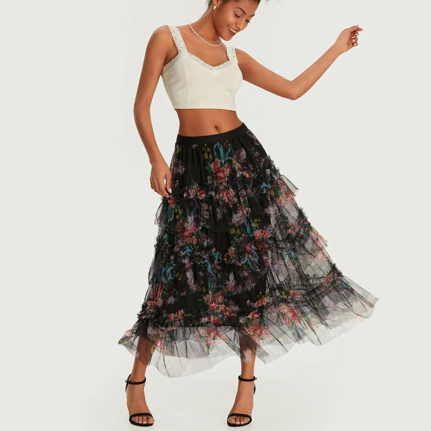 Women's Tulle Midi Skirt Elastic High Waist Layered Pleated Mesh Flowy A-Line Prom Party Long Tutu Skirts