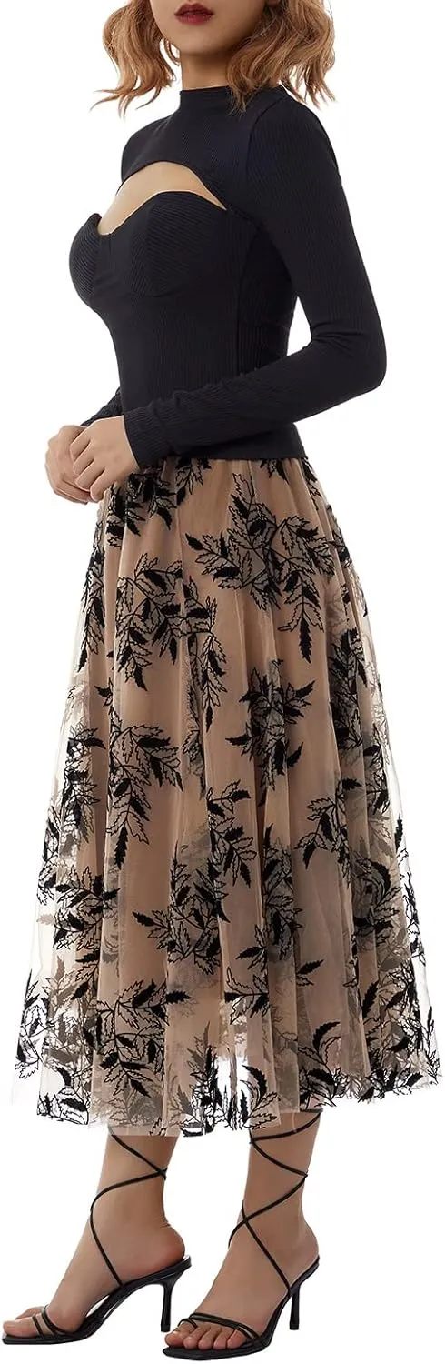 Women's Tulle Midi Skirt Elastic High Waist Layered Pleated Mesh Flowy A-Line Prom Party Long Tutu Skirts