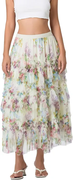 Women's Tulle Midi Skirt Elastic High Waist Layered Pleated Mesh Flowy A-Line Prom Party Long Tutu Skirts
