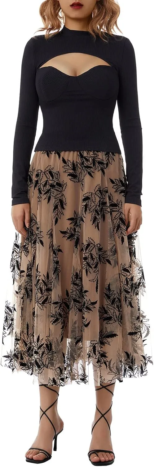Women's Tulle Midi Skirt Elastic High Waist Layered Pleated Mesh Flowy A-Line Prom Party Long Tutu Skirts