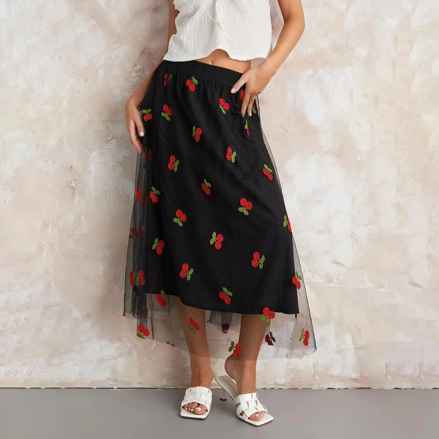 Women's Tulle Midi Skirt Elastic High Waist Layered Pleated Mesh Flowy A-Line Prom Party Long Tutu Skirts