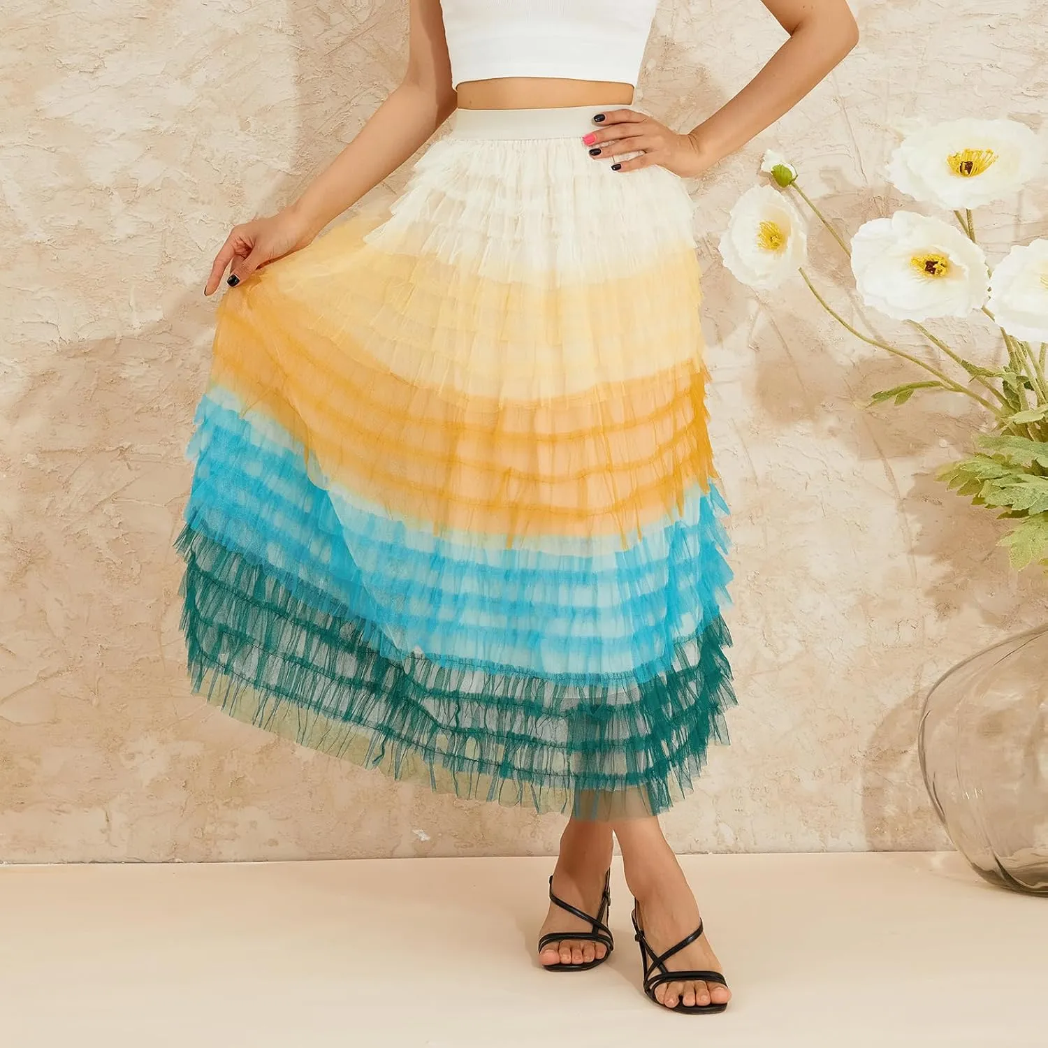 Women's Tulle Midi Skirt Elastic High Waist Layered Pleated Mesh Flowy A-Line Prom Party Long Tutu Skirts