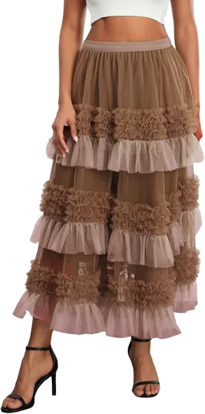 Women's Tulle Midi Skirt Elastic High Waist Layered Pleated Mesh Flowy A-Line Prom Party Long Tutu Skirts