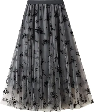 Women's Tulle Midi Skirt Elastic High Waist Layered Pleated Mesh Flowy A-Line Prom Party Long Tutu Skirts