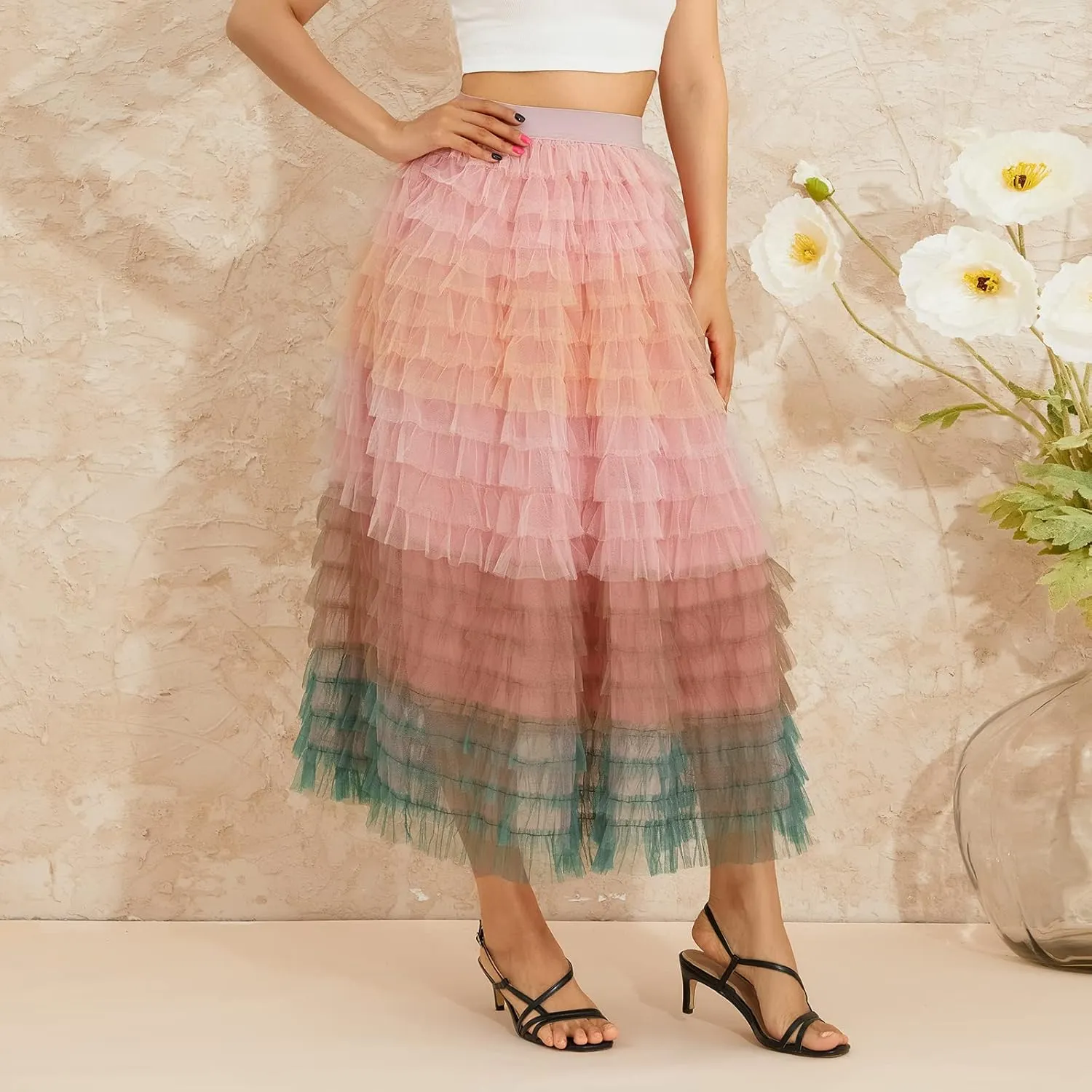 Women's Tulle Midi Skirt Elastic High Waist Layered Pleated Mesh Flowy A-Line Prom Party Long Tutu Skirts