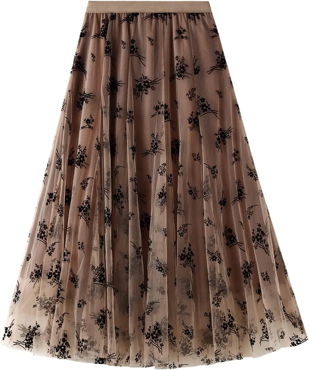 Women's Tulle Midi Skirt Elastic High Waist Layered Pleated Mesh Flowy A-Line Prom Party Long Tutu Skirts