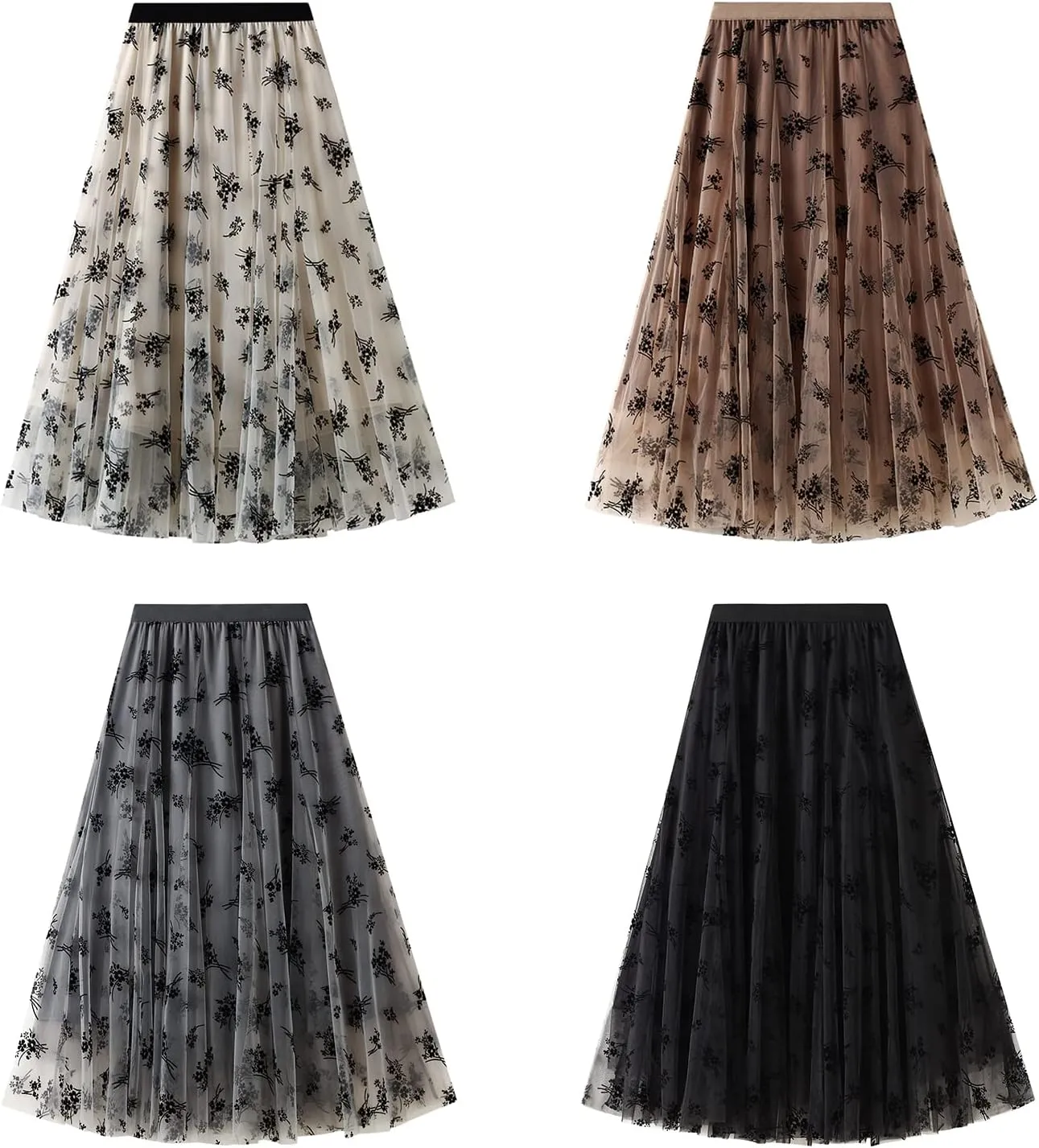Women's Tulle Midi Skirt Elastic High Waist Layered Pleated Mesh Flowy A-Line Prom Party Long Tutu Skirts