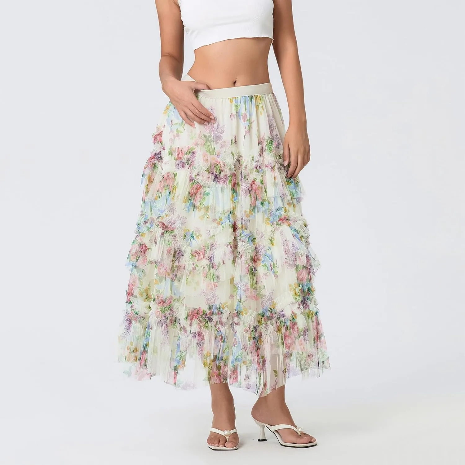 Women's Tulle Midi Skirt Elastic High Waist Layered Pleated Mesh Flowy A-Line Prom Party Long Tutu Skirts