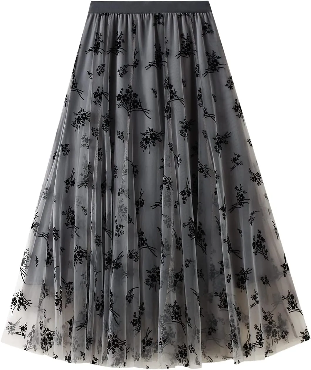Women's Tulle Midi Skirt Elastic High Waist Layered Pleated Mesh Flowy A-Line Prom Party Long Tutu Skirts