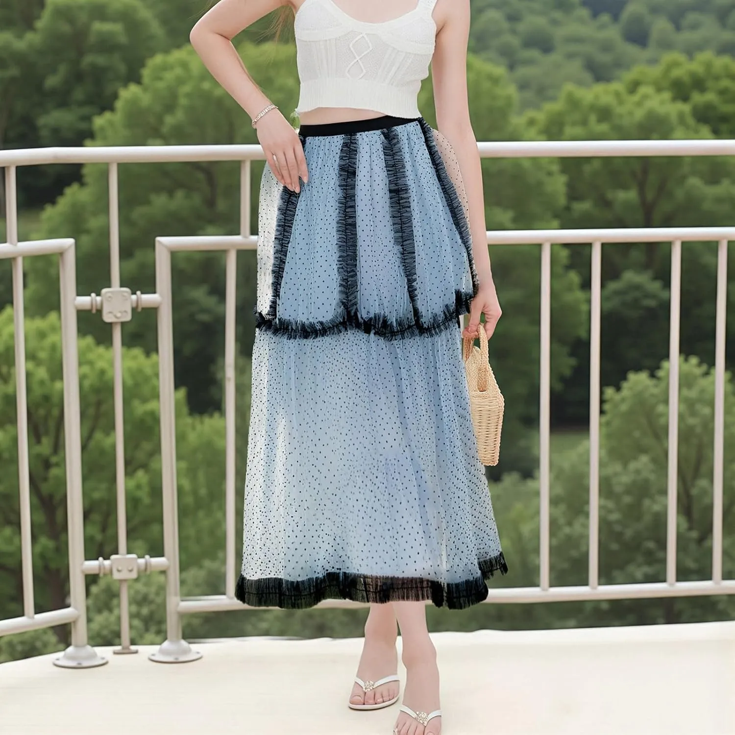 Women's Tulle Midi Skirt Elastic High Waist Layered Pleated Mesh Flowy A-Line Prom Party Long Tutu Skirts