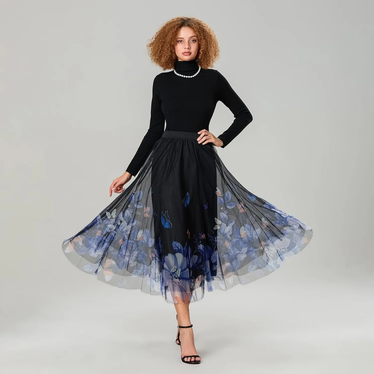 Women's Tulle Midi Skirt Elastic High Waist Layered Pleated Mesh Flowy A-Line Prom Party Long Tutu Skirts