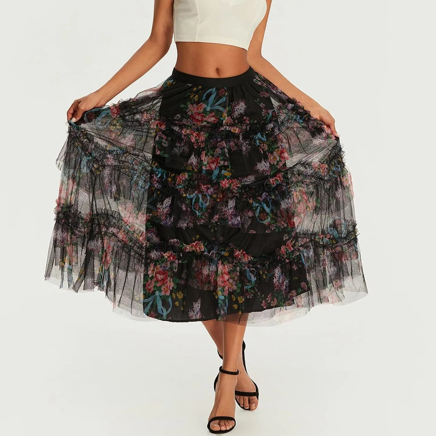 Women's Tulle Midi Skirt Elastic High Waist Layered Pleated Mesh Flowy A-Line Prom Party Long Tutu Skirts