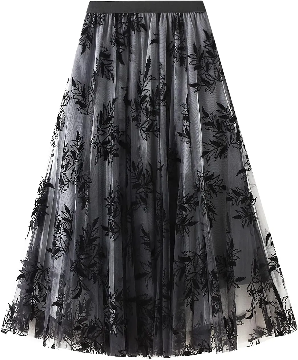 Women's Tulle Midi Skirt Elastic High Waist Layered Pleated Mesh Flowy A-Line Prom Party Long Tutu Skirts