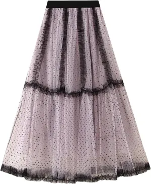 Women's Tulle Midi Skirt Elastic High Waist Layered Pleated Mesh Flowy A-Line Prom Party Long Tutu Skirts
