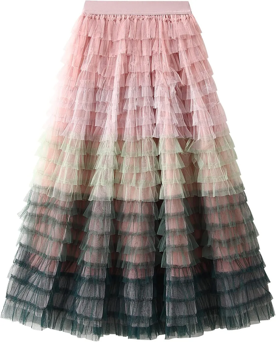 Women's Tulle Midi Skirt Elastic High Waist Layered Pleated Mesh Flowy A-Line Prom Party Long Tutu Skirts