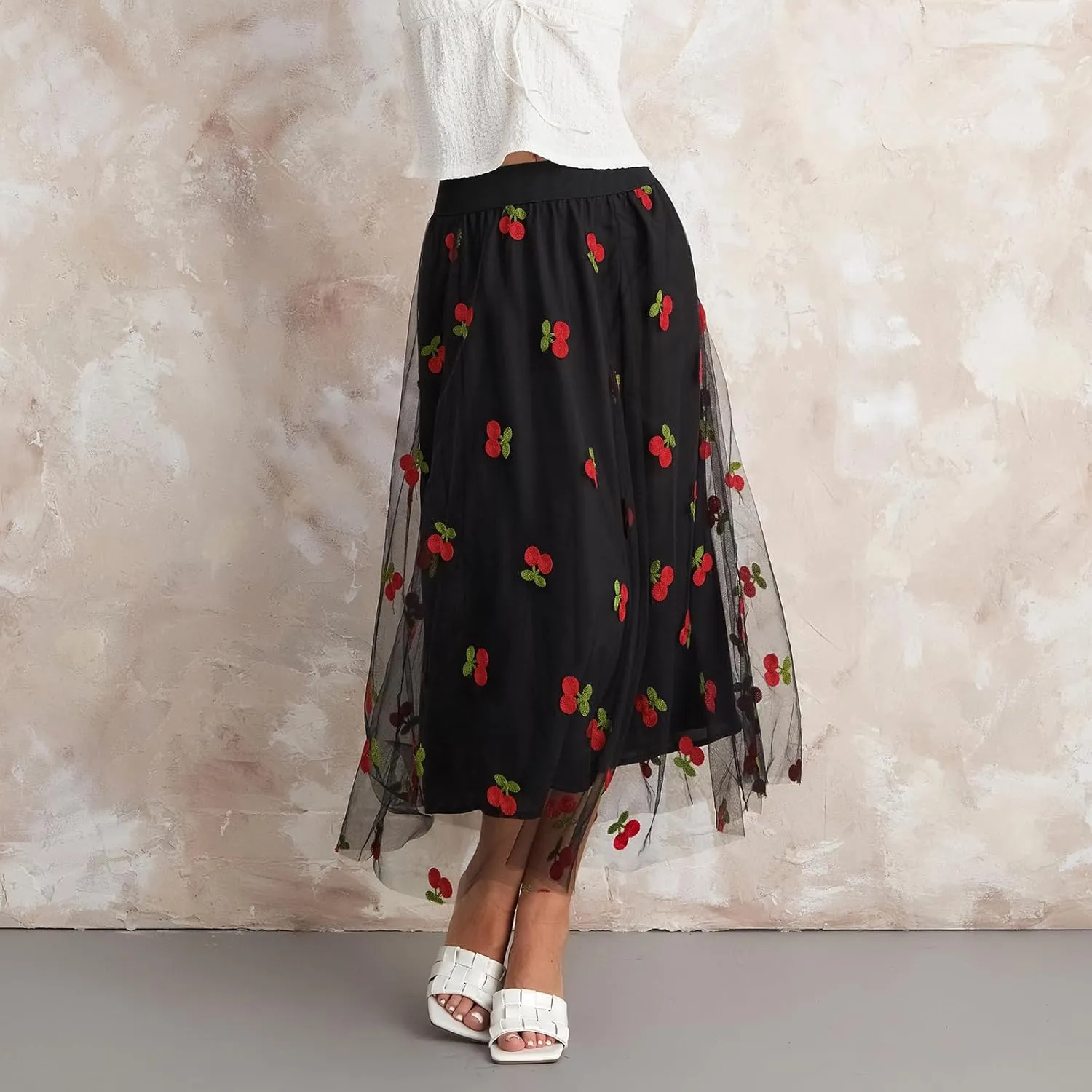 Women's Tulle Midi Skirt Elastic High Waist Layered Pleated Mesh Flowy A-Line Prom Party Long Tutu Skirts