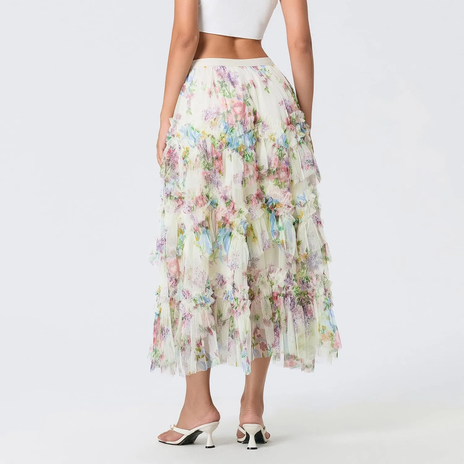 Women's Tulle Midi Skirt Elastic High Waist Layered Pleated Mesh Flowy A-Line Prom Party Long Tutu Skirts