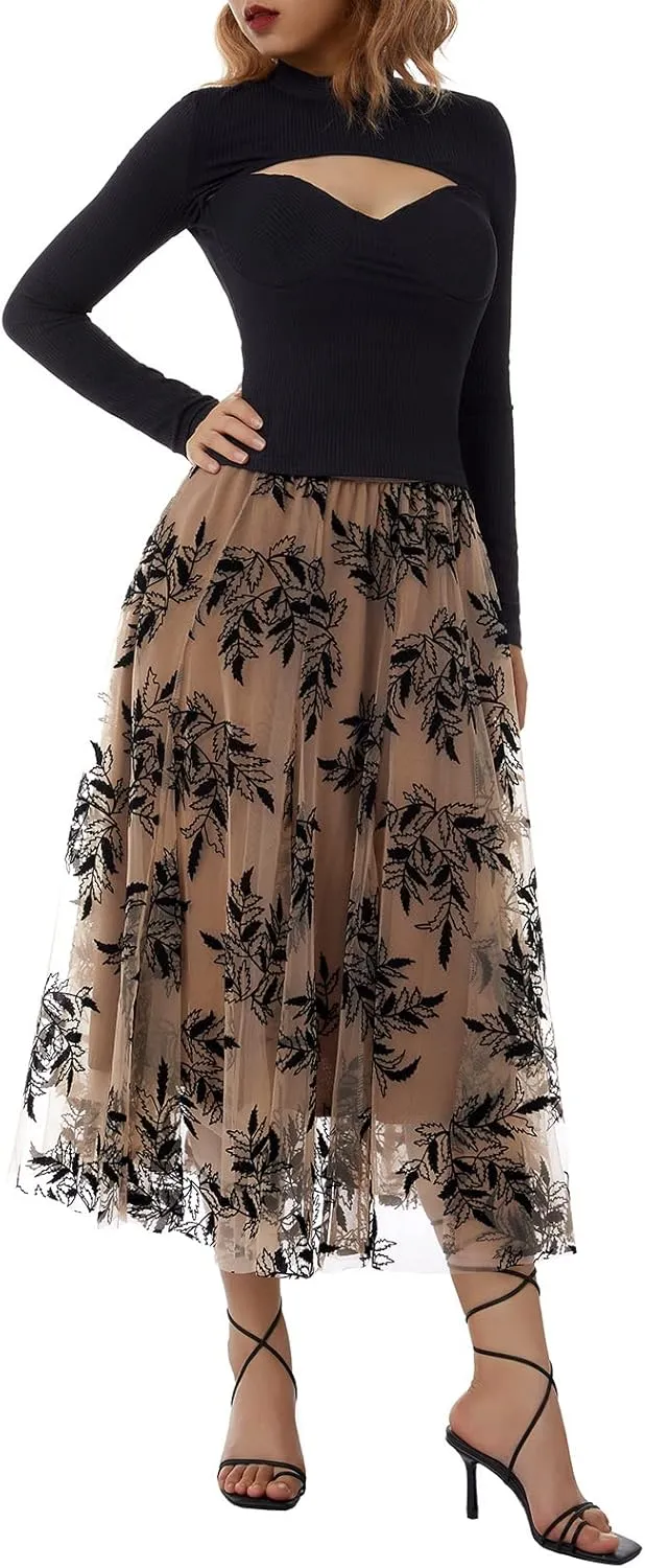 Women's Tulle Midi Skirt Elastic High Waist Layered Pleated Mesh Flowy A-Line Prom Party Long Tutu Skirts