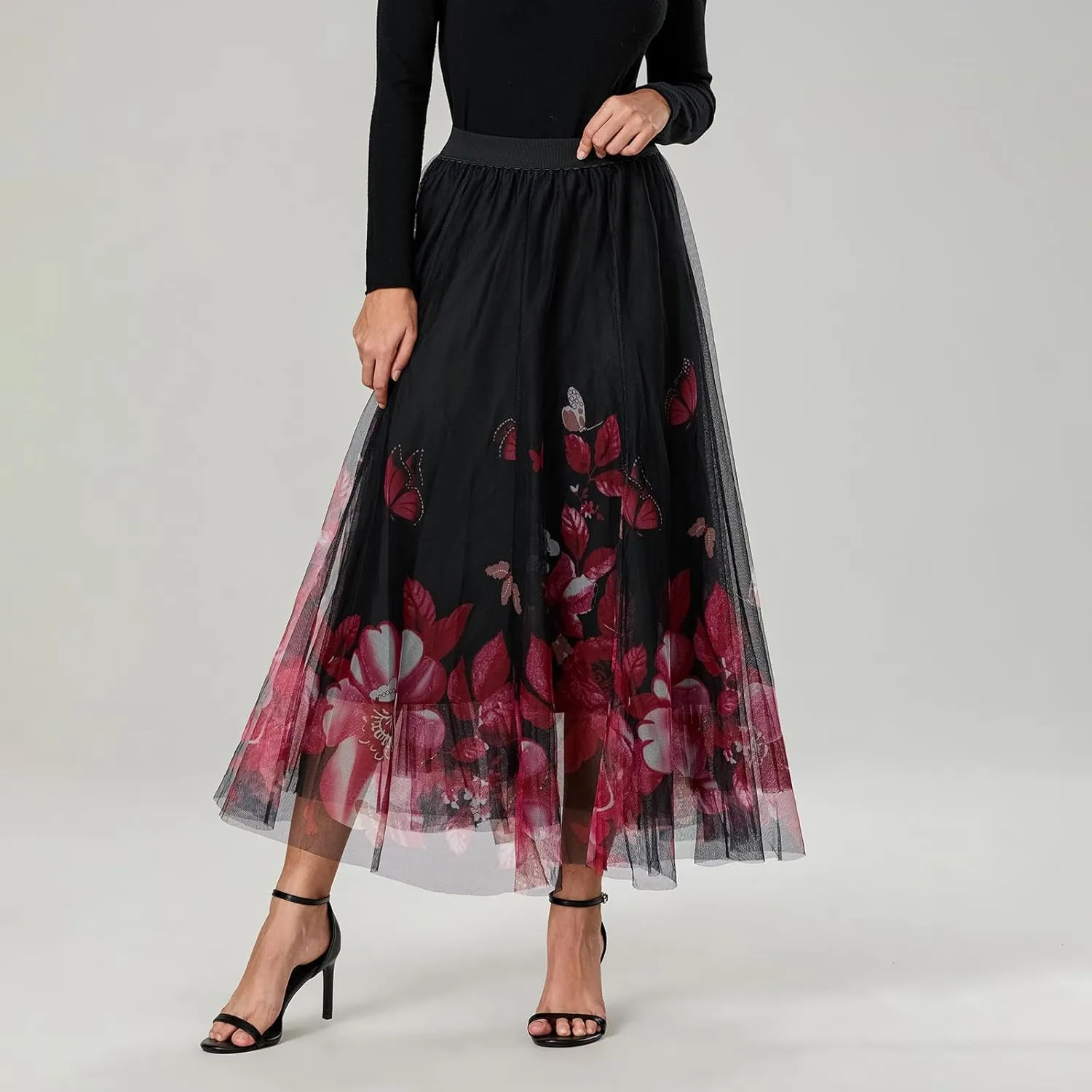 Women's Tulle Midi Skirt Elastic High Waist Layered Pleated Mesh Flowy A-Line Prom Party Long Tutu Skirts