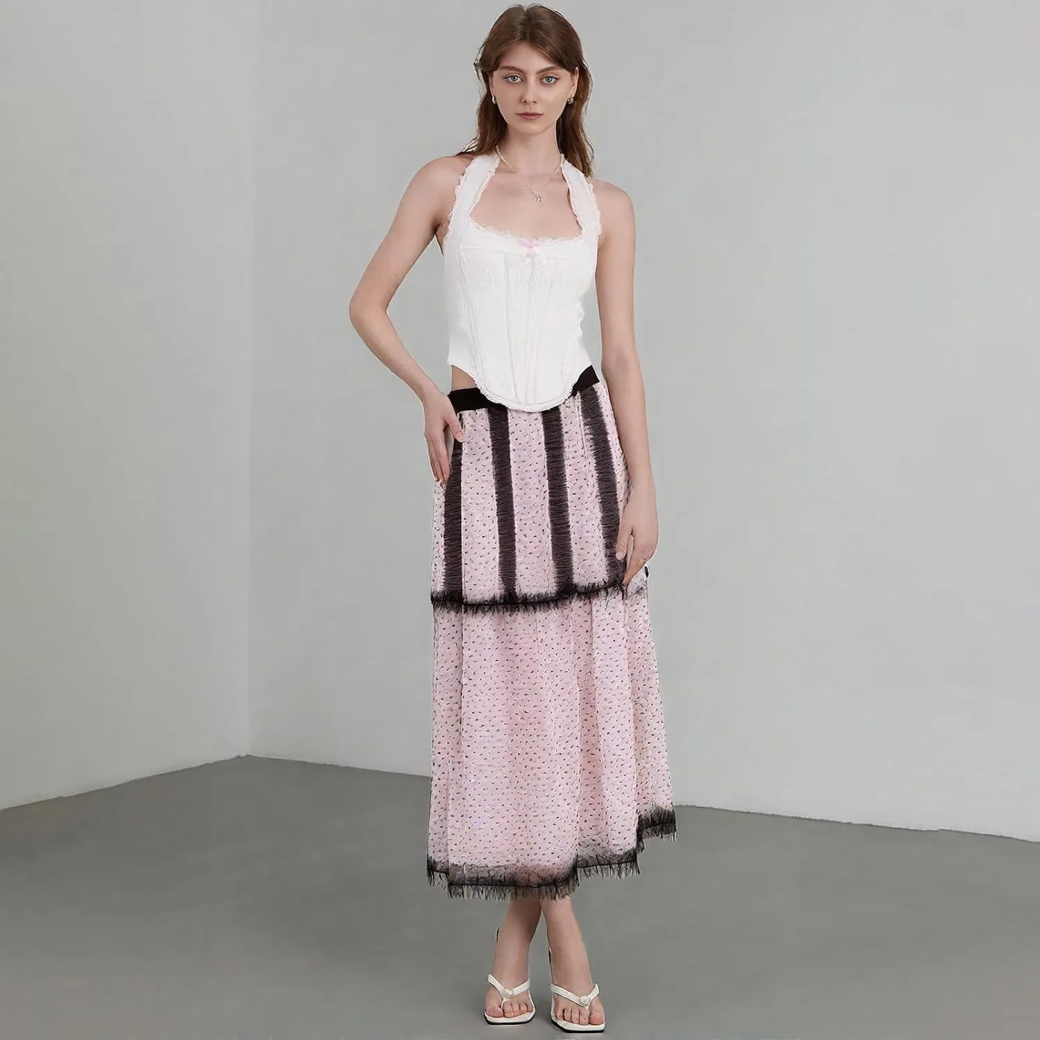 Women's Tulle Midi Skirt Elastic High Waist Layered Pleated Mesh Flowy A-Line Prom Party Long Tutu Skirts