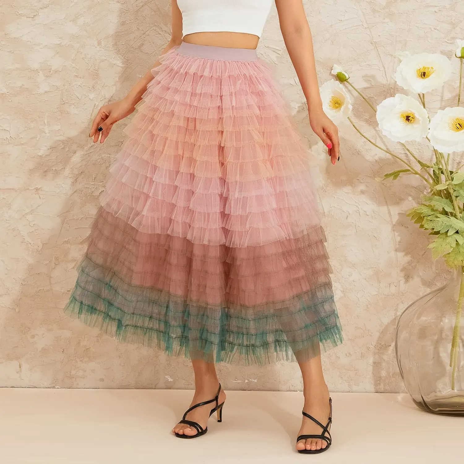 Women's Tulle Midi Skirt Elastic High Waist Layered Pleated Mesh Flowy A-Line Prom Party Long Tutu Skirts