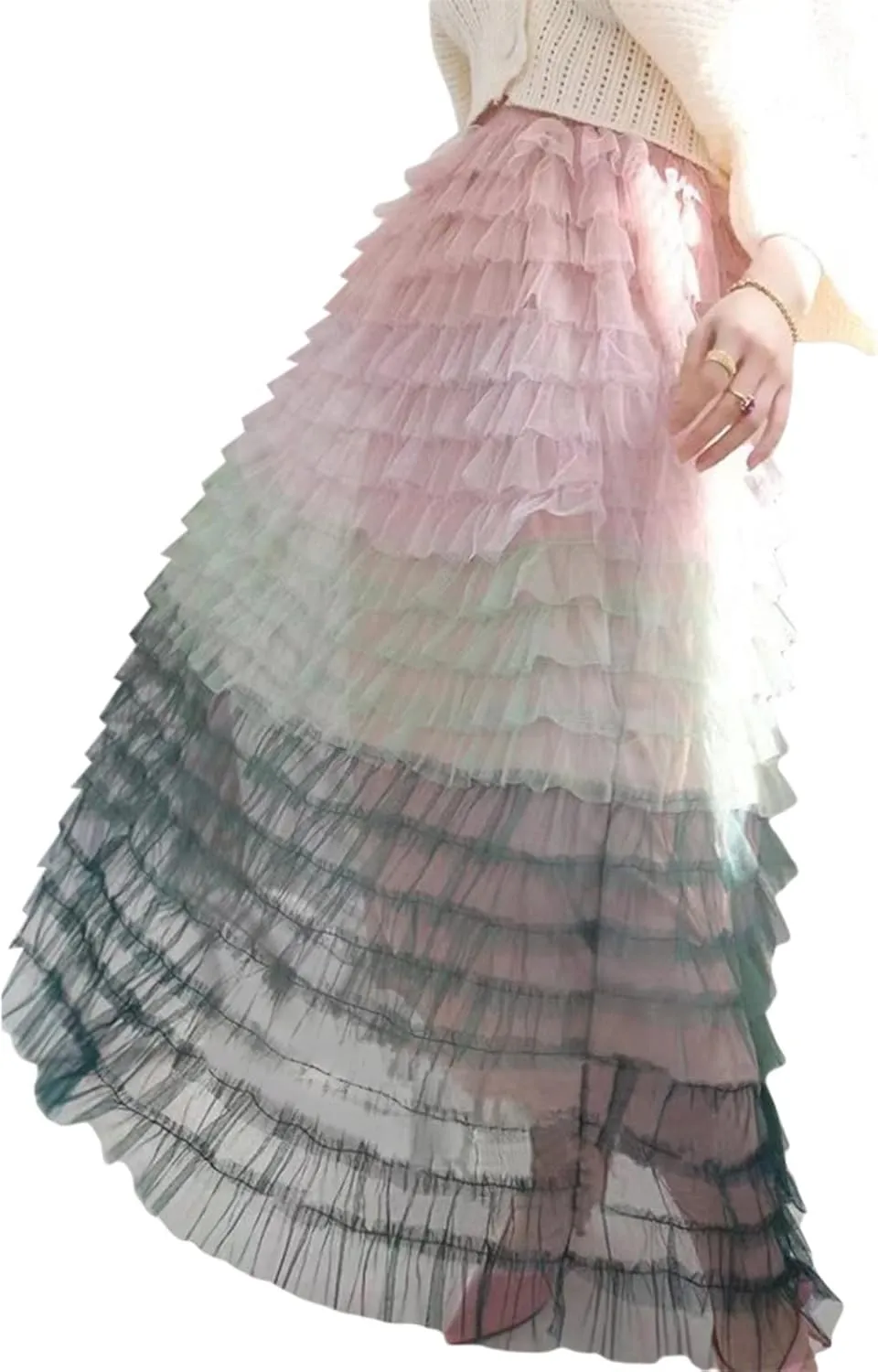 Women's Tulle Midi Skirt Elastic High Waist Layered Pleated Mesh Flowy A-Line Prom Party Long Tutu Skirts